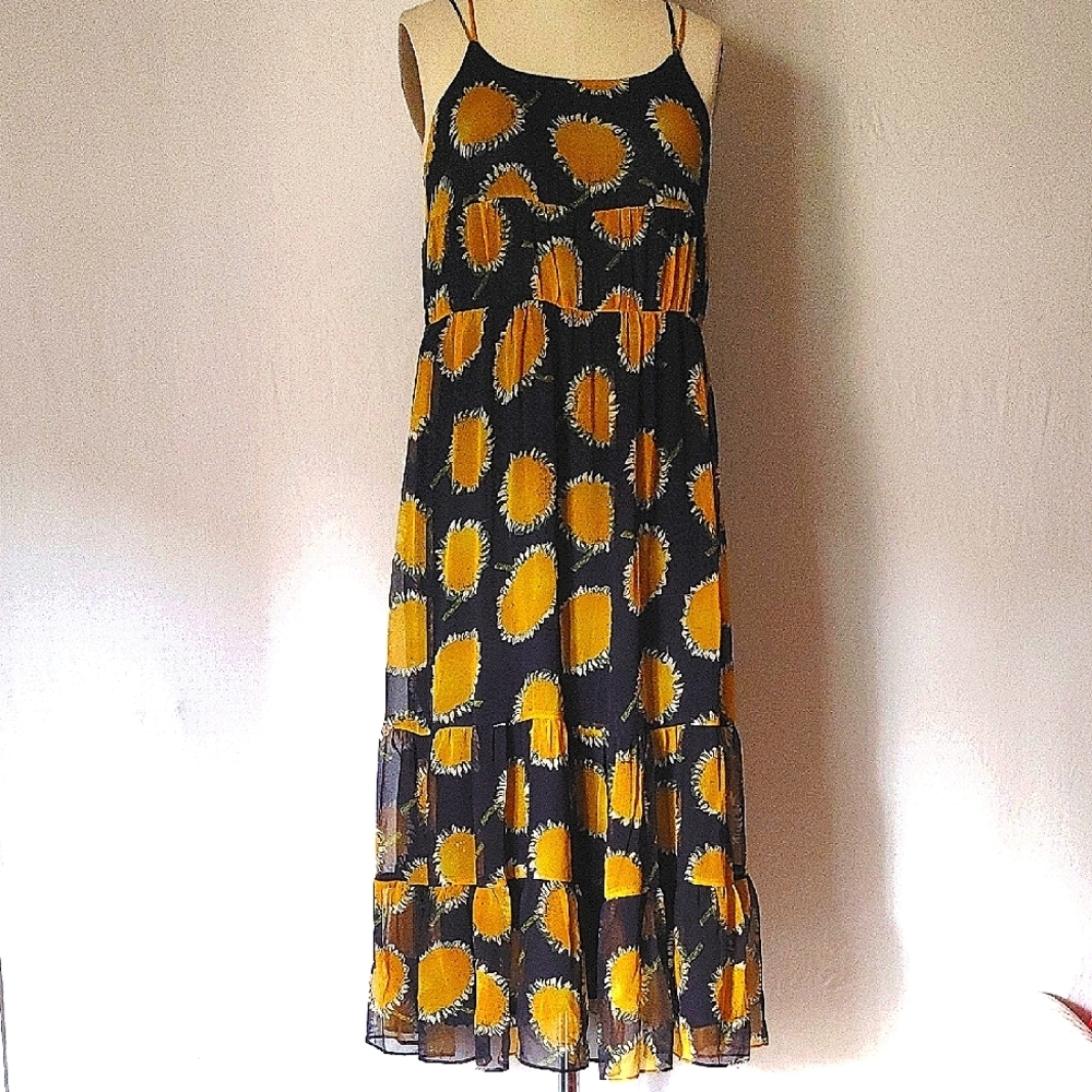 Vini Kawen Sunflower Print Navy and Yellow Maxi Dress Size M